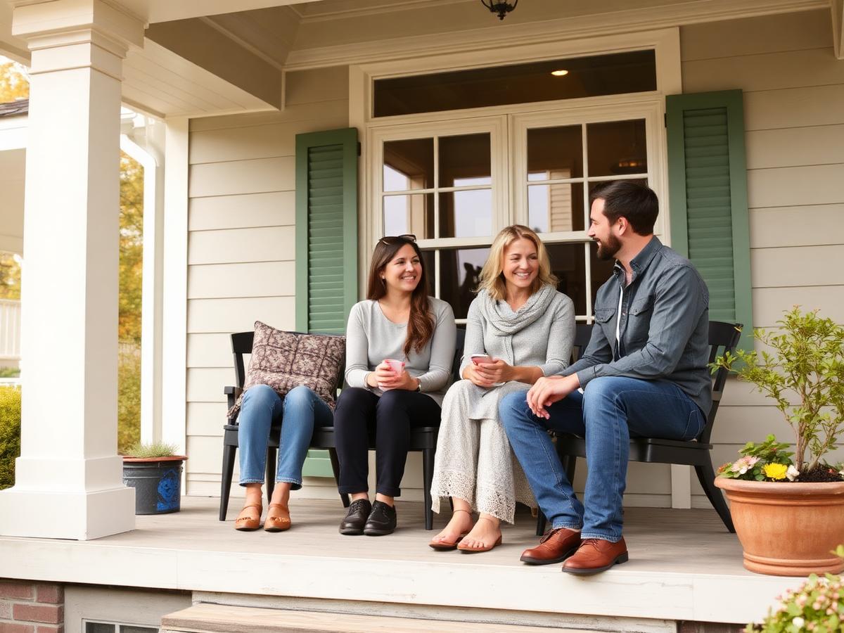 A friendly small team chatting on a sunlit craftsman-style porch