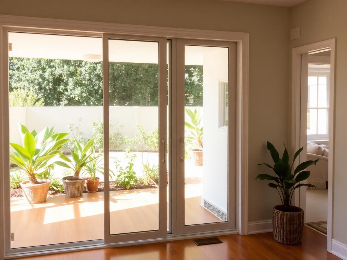A wide sliding glass patio door looking out onto a leafy garden