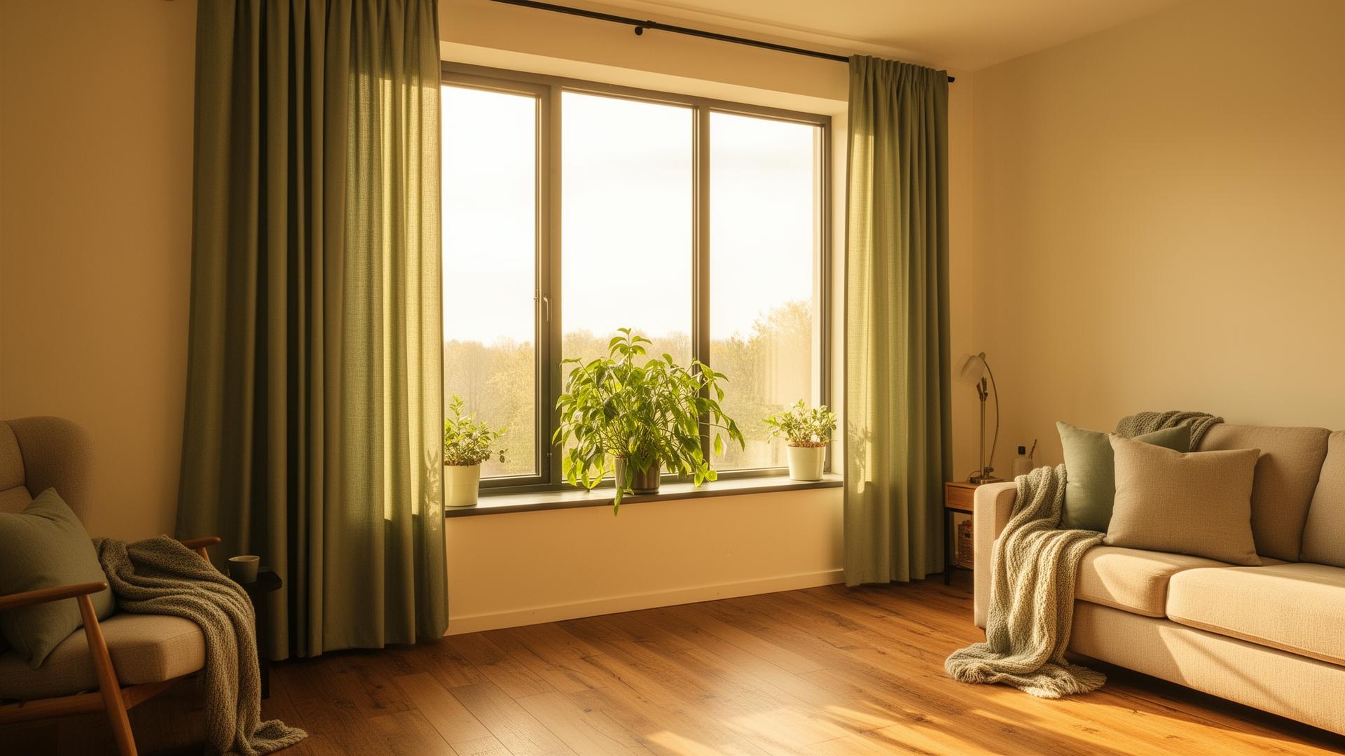 Morning light pouring through a tall window into a cozy sage-toned living room