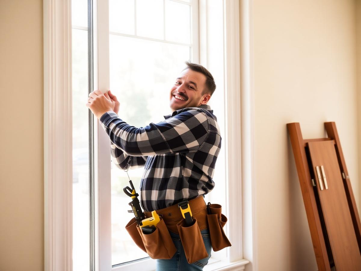 A smiling window installer measuring a frame in a bright home