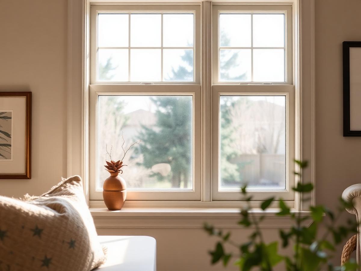 A pair of crisp white double-hung windows in a sunlit room with a small vase on the sill